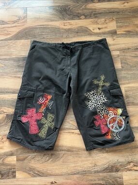 Y2K Grunge Cross Patchwork Cargo Jorts Rhinestone Embellished Brown XL Diva B